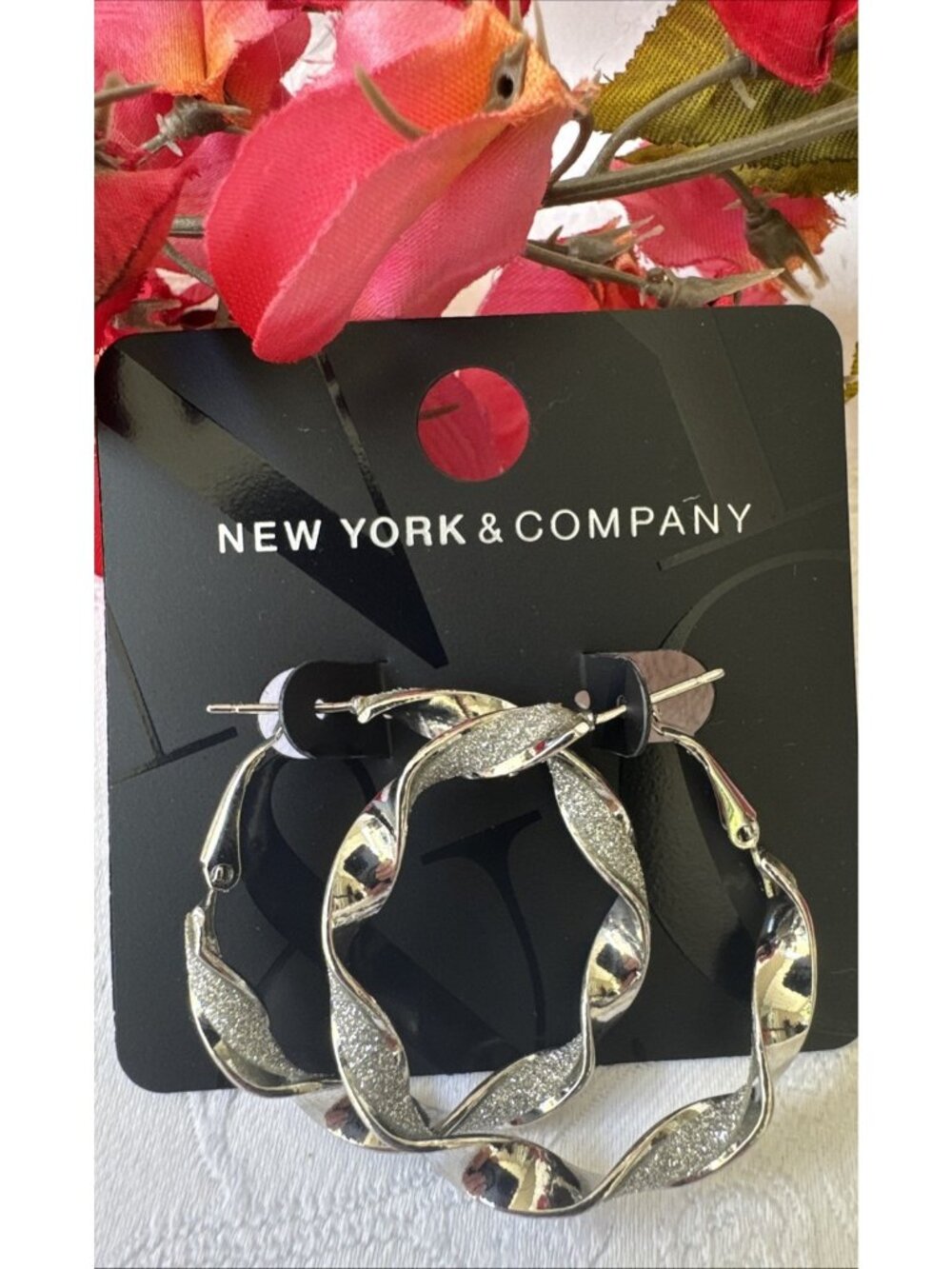 New York & Co Earrings Shiny SIlvertone Rhinestone Twisted Hoops 1.5" NEW